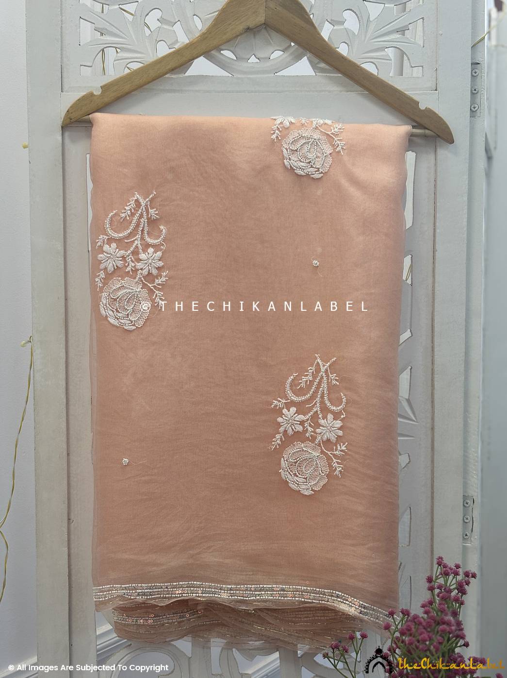 Aafreen Organza Chikankari Pearl Work Saree - Beige