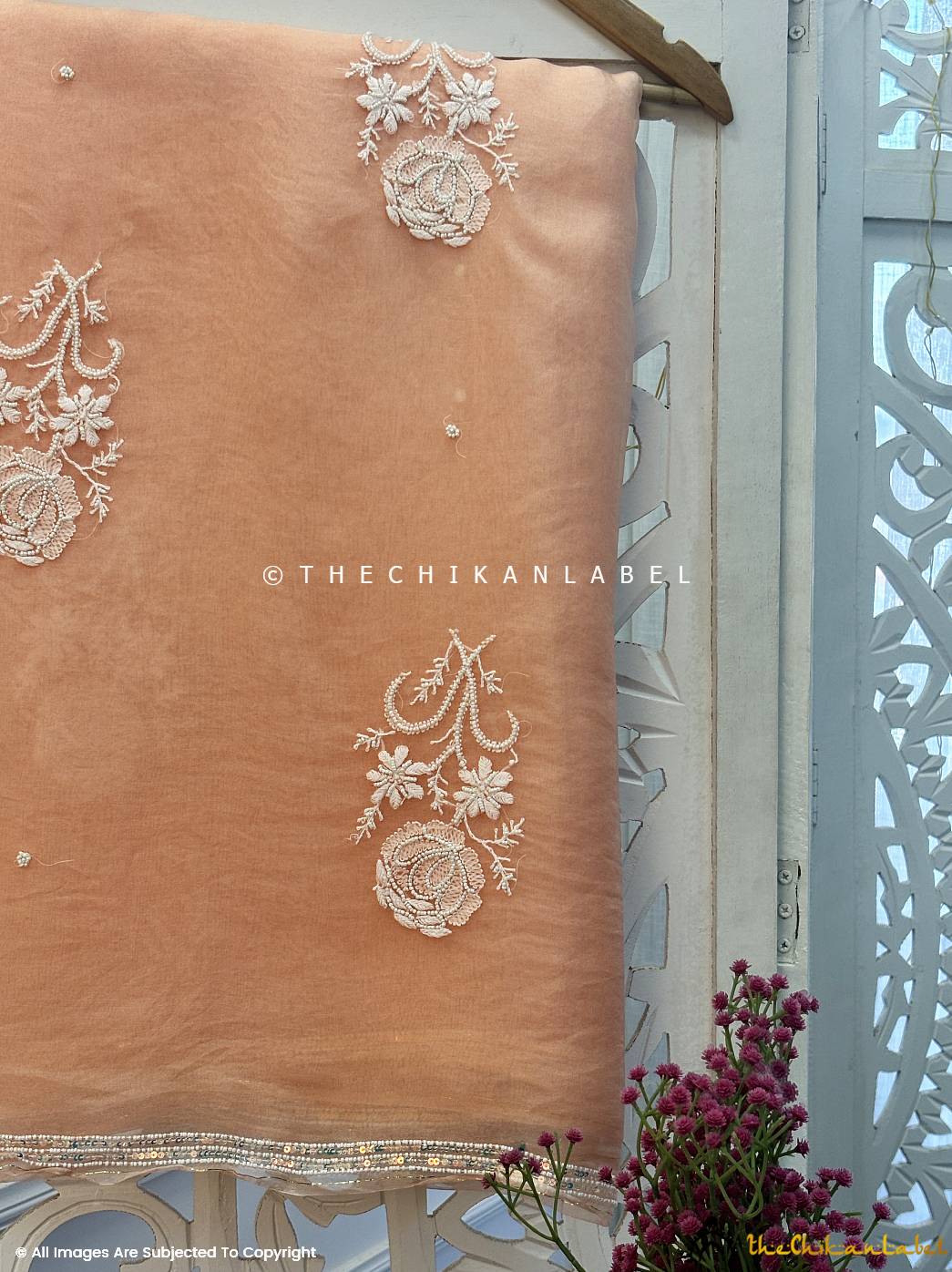 Aafreen Organza Chikankari Pearl Work Saree - Beige - Image 2