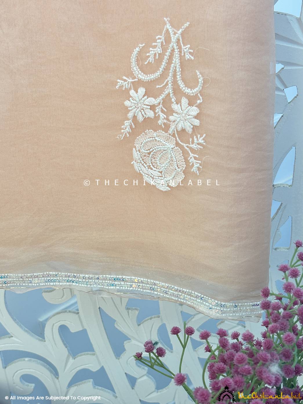 Aafreen Organza Chikankari Pearl Work Saree - Beige - Image 4