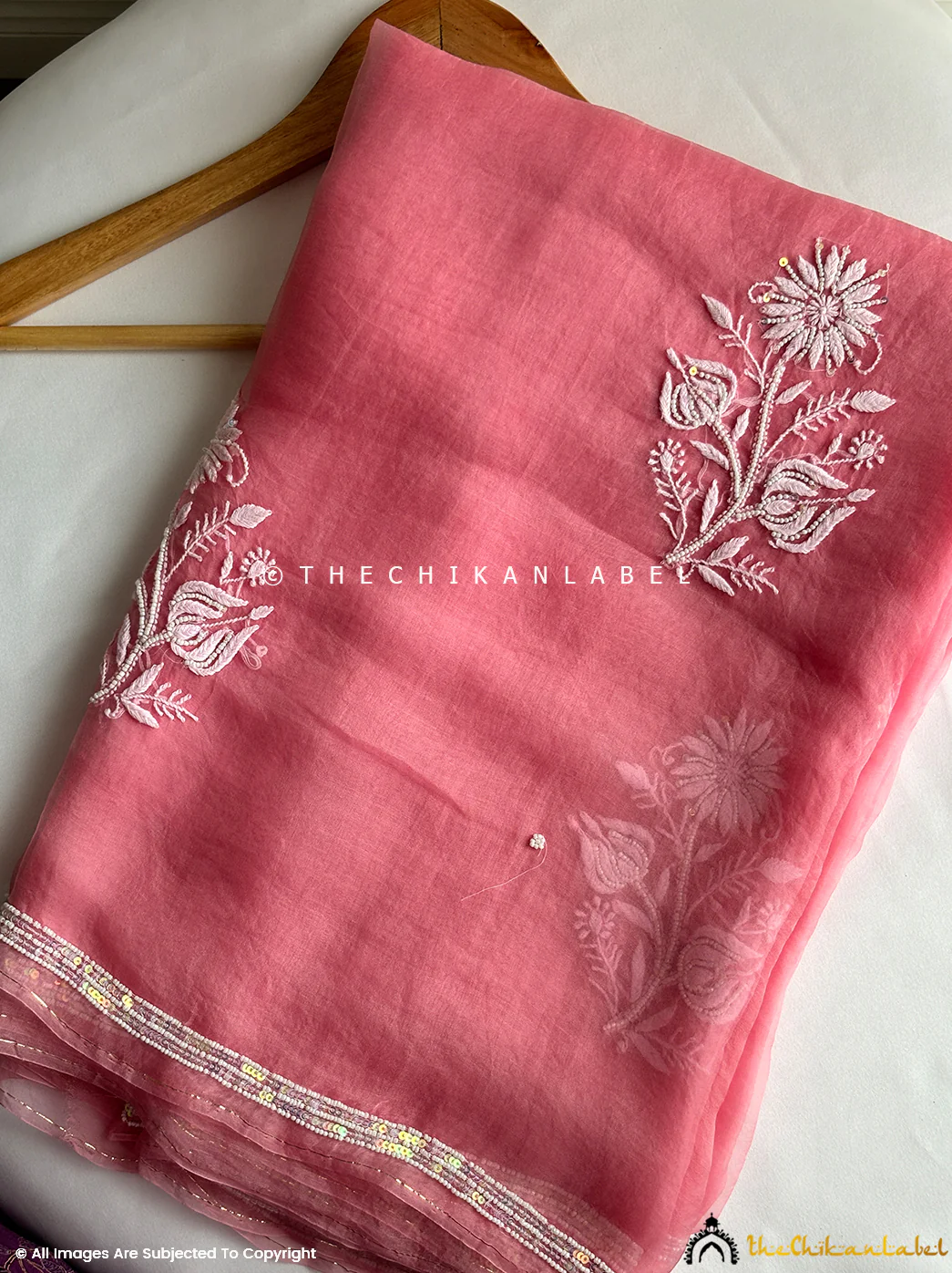 Aafreen Organza Chikankari Pearl Work Saree - Peach - Image 2