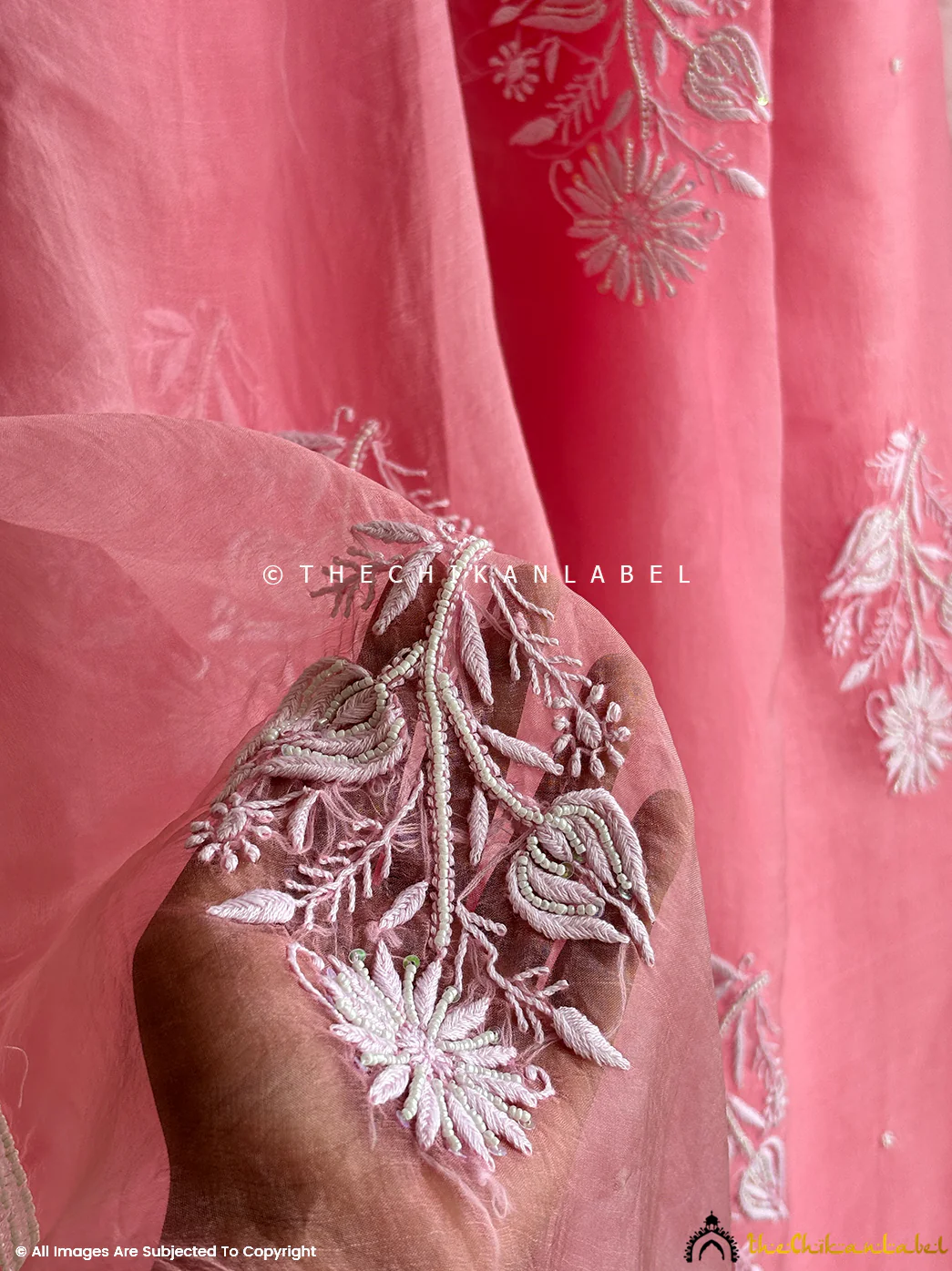 Aafreen Organza Chikankari Pearl Work Saree - Peach - Image 3
