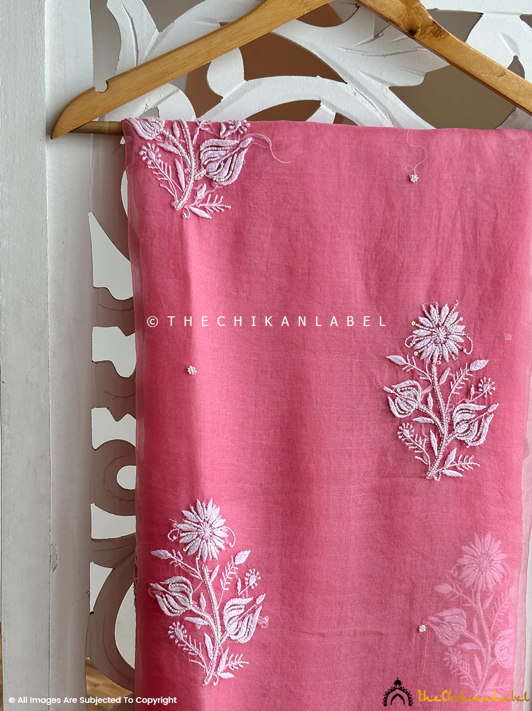 Aafreen Organza Chikankari Pearl Work Saree - Peach - Image 4
