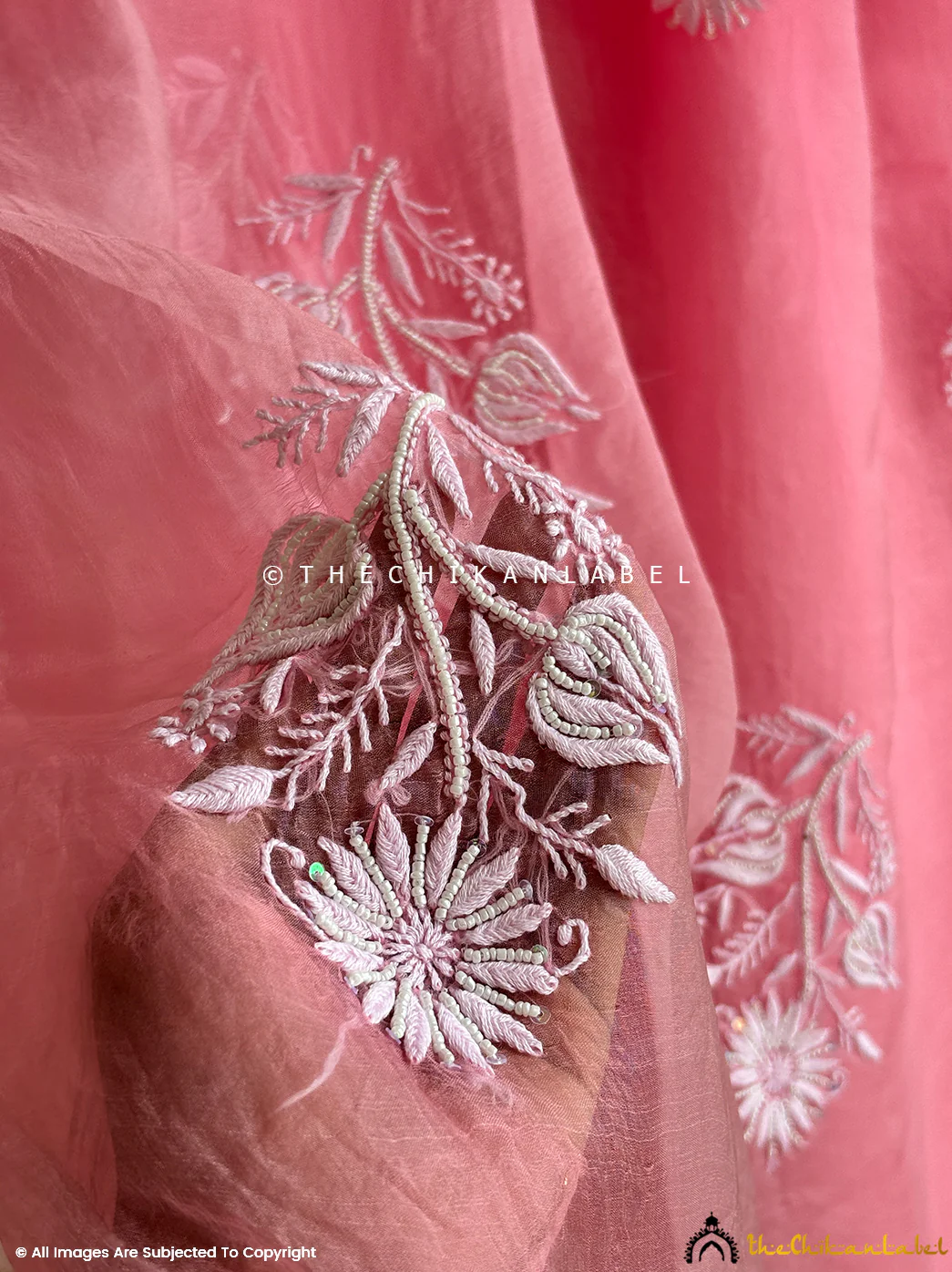 Aafreen Organza Chikankari Pearl Work Saree - Peach - Image 5
