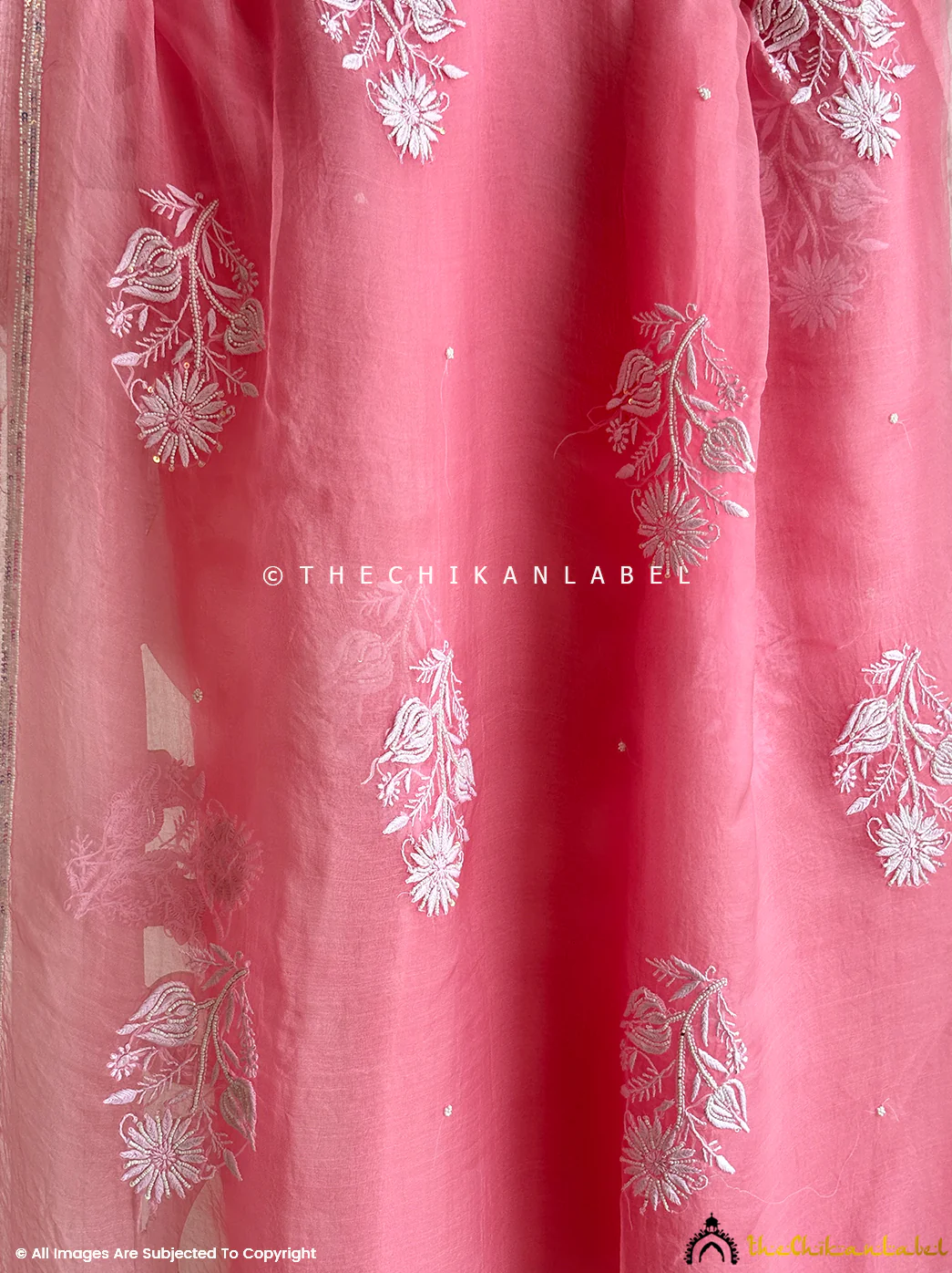 Aafreen Organza Chikankari Pearl Work Saree - Peach - Image 6