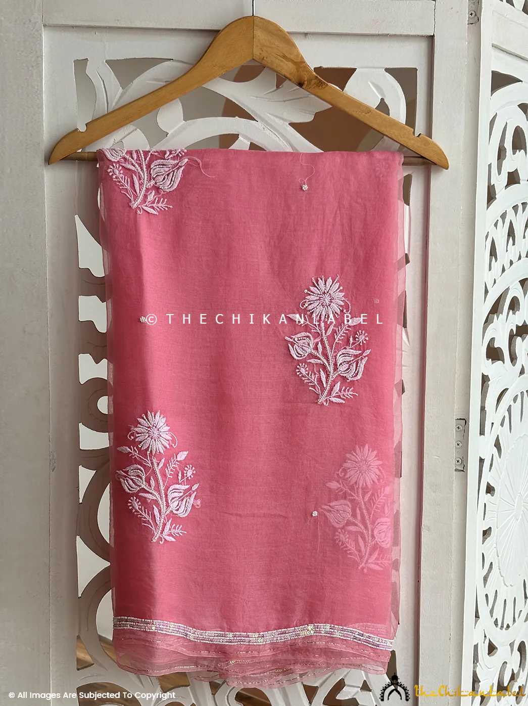 Aafreen Organza Chikankari Pearl Work Saree - Peach - Image 7