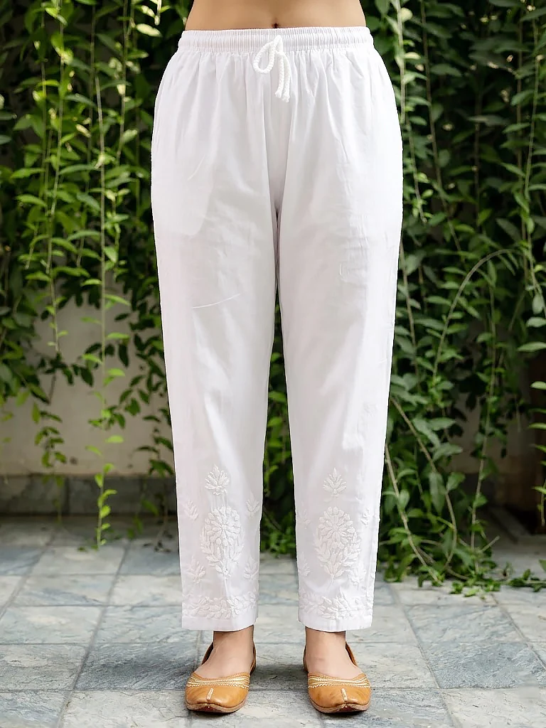 Aarvi Lycra Straight Chikankari Pant - White
