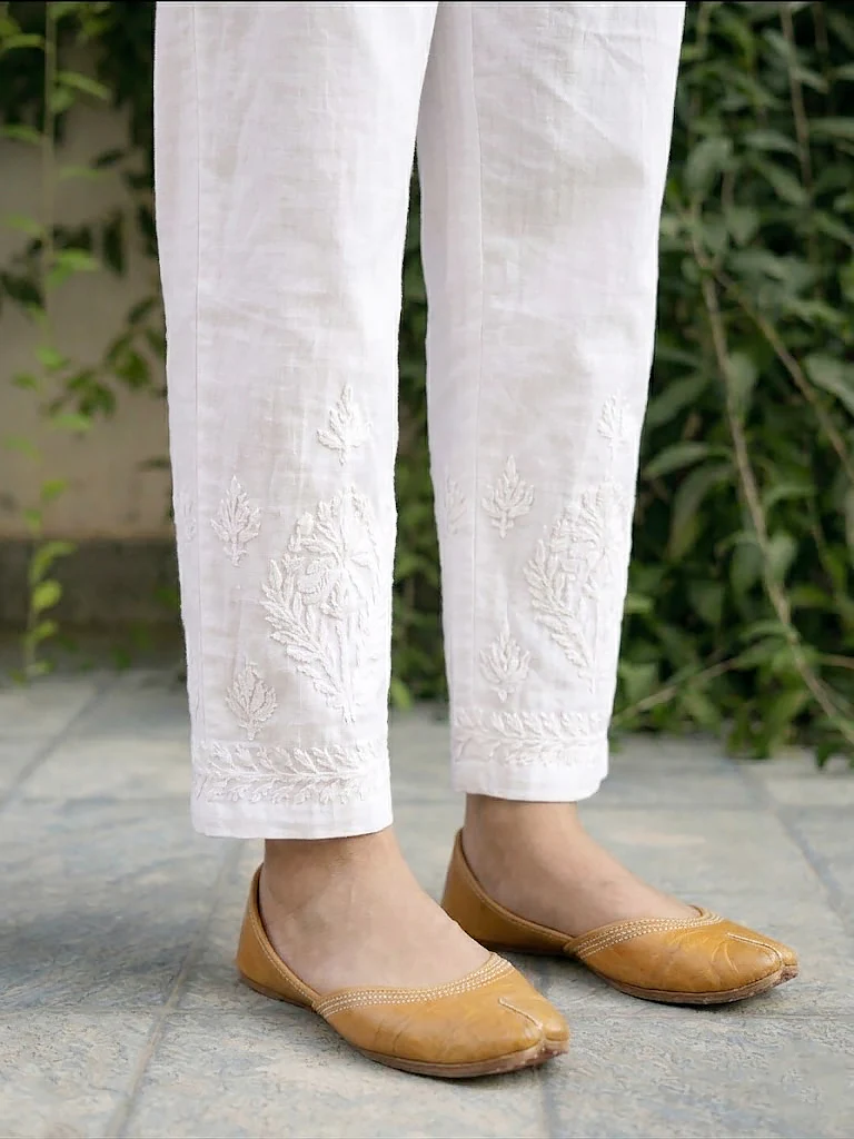 Aarvi Lycra Straight Chikankari Pant - White - Image 2