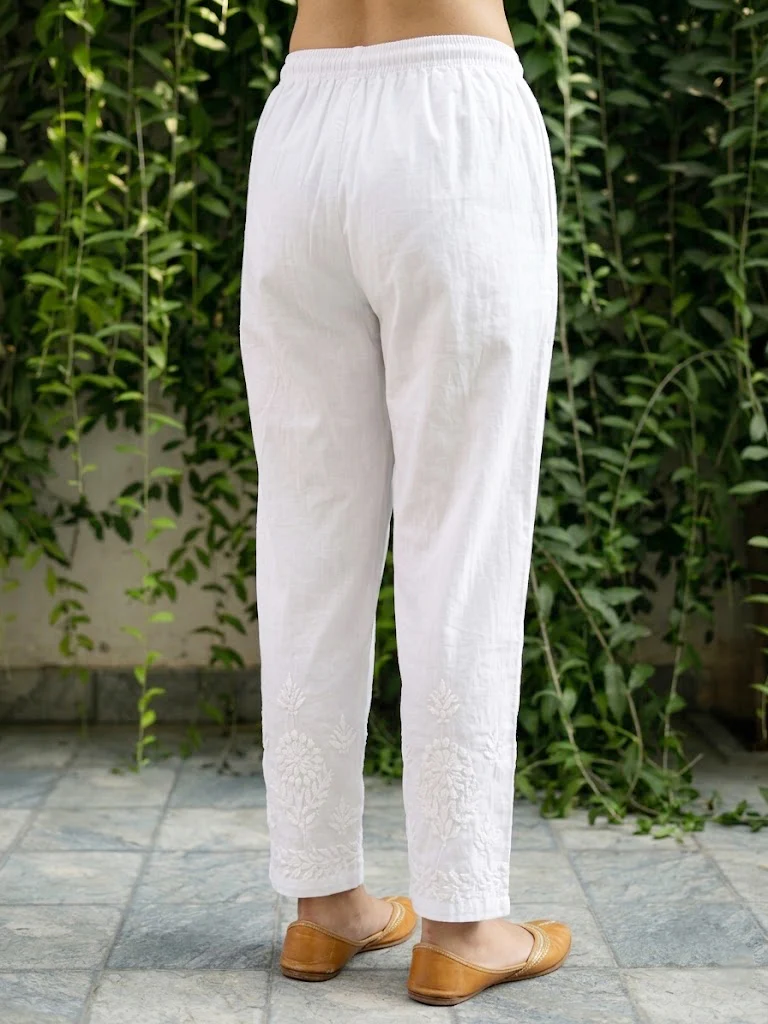 Aarvi Lycra Straight Chikankari Pant - White - Image 3