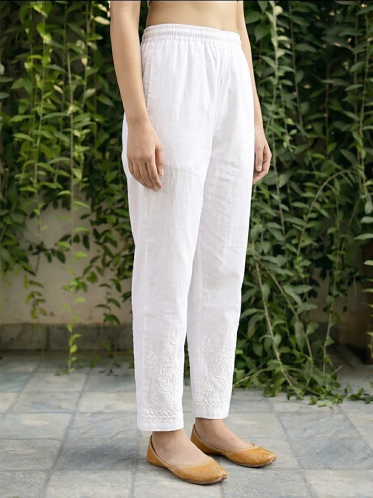 Aarvi Lycra Straight Chikankari Pant - White - Image 4