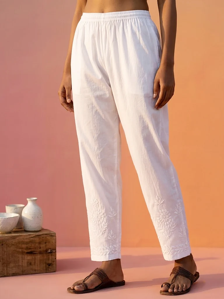 Aarvi Lycra Straight Chikankari Pant - White - Image 5