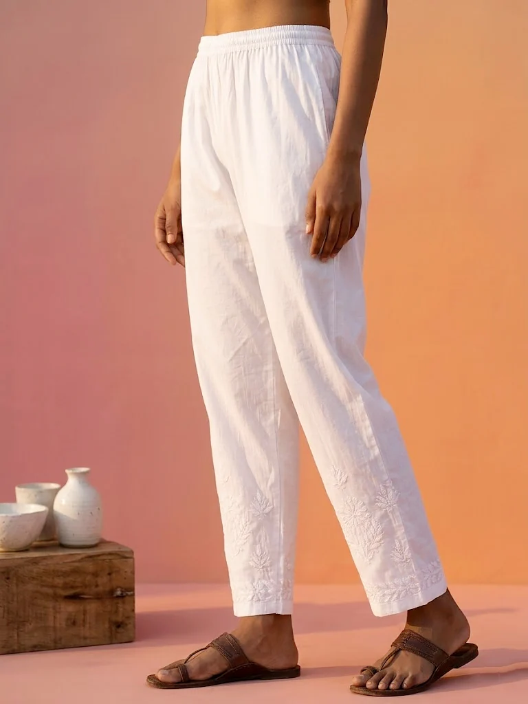 Aarvi Lycra Straight Chikankari Pant - White - Image 6