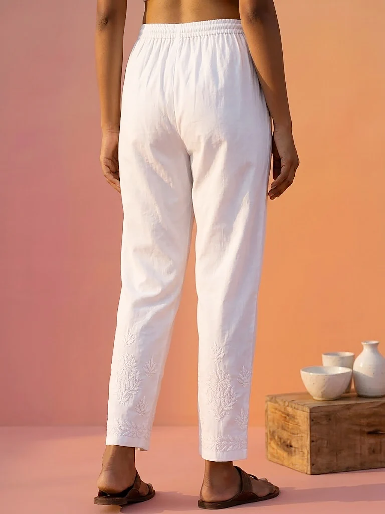 Aarvi Lycra Straight Chikankari Pant - White - Image 7