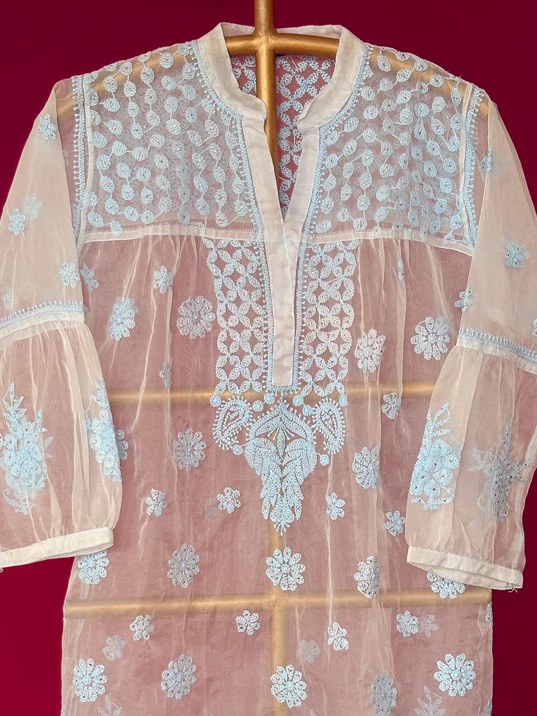 Aashna Organza Chikankari Short Kurta - Blue - Image 2