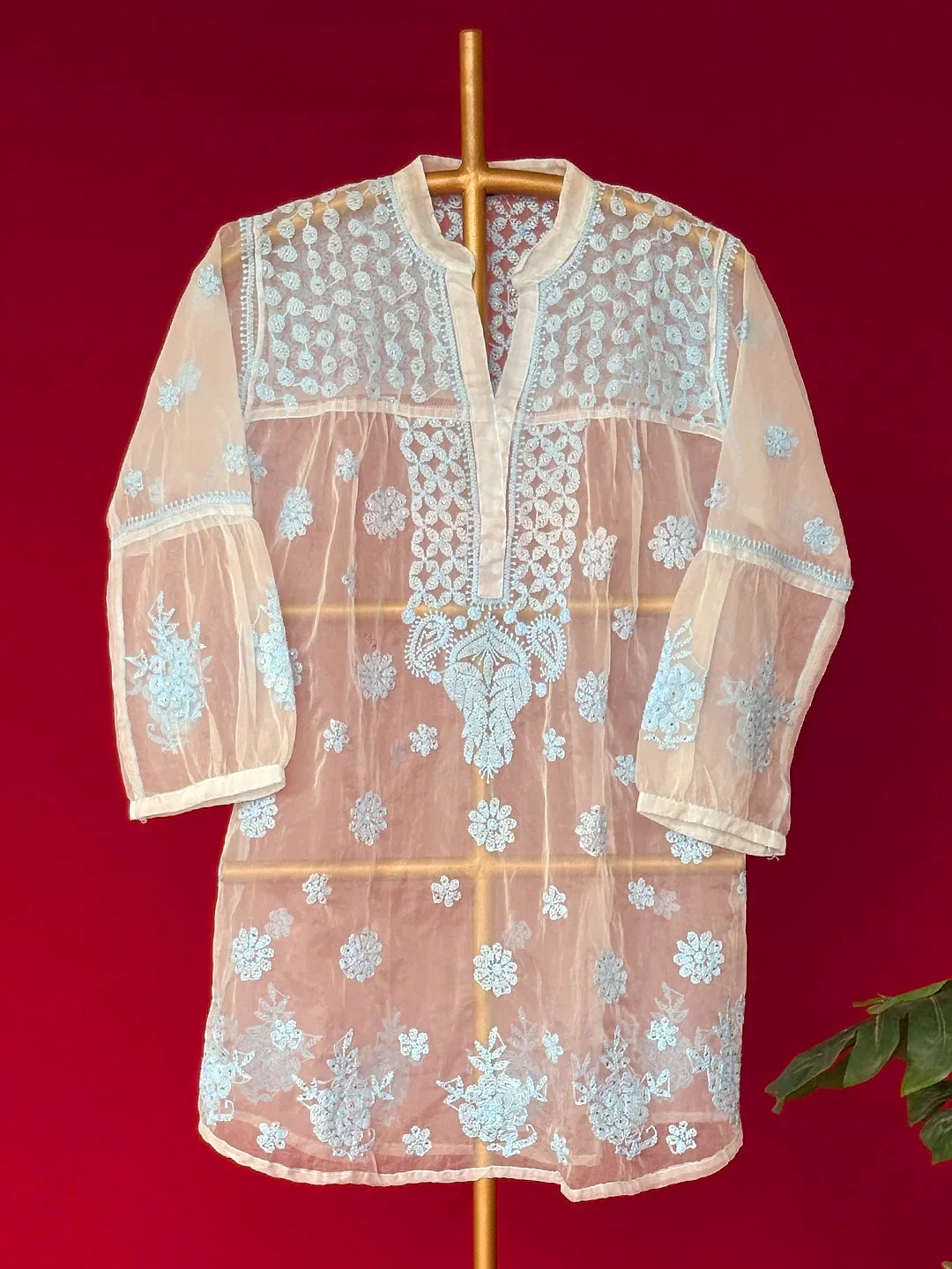 Aashna Organza Chikankari Short Kurta - Blue - Image 3