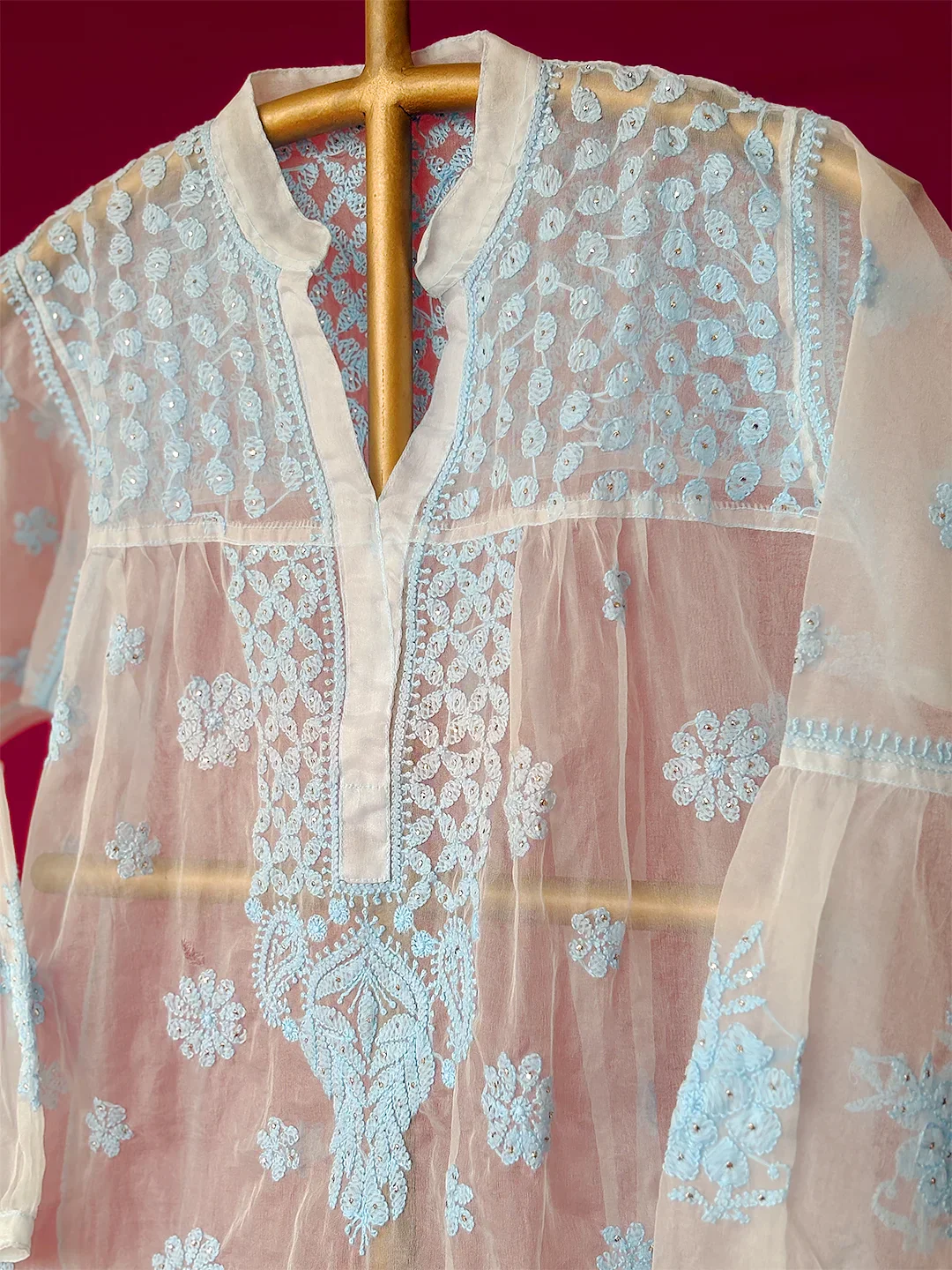 Aashna Organza Chikankari Short Kurta - Blue - Image 4
