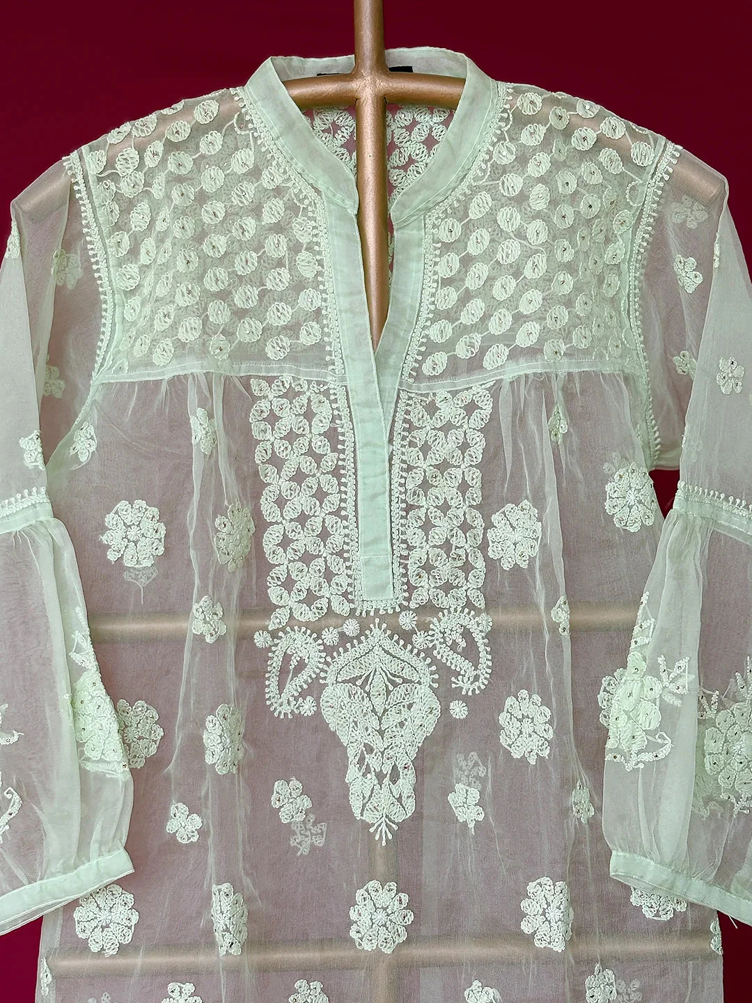 Aashna Organza Chikankari Short Kurta - Green - Image 2