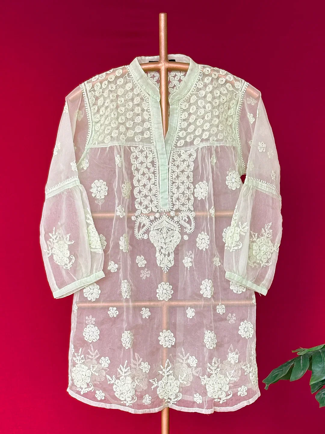Aashna Organza Chikankari Short Kurta - Green - Image 3