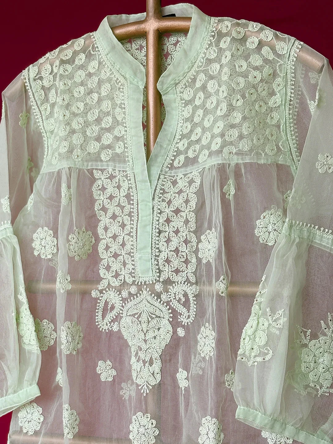 Aashna Organza Chikankari Short Kurta - Green - Image 4