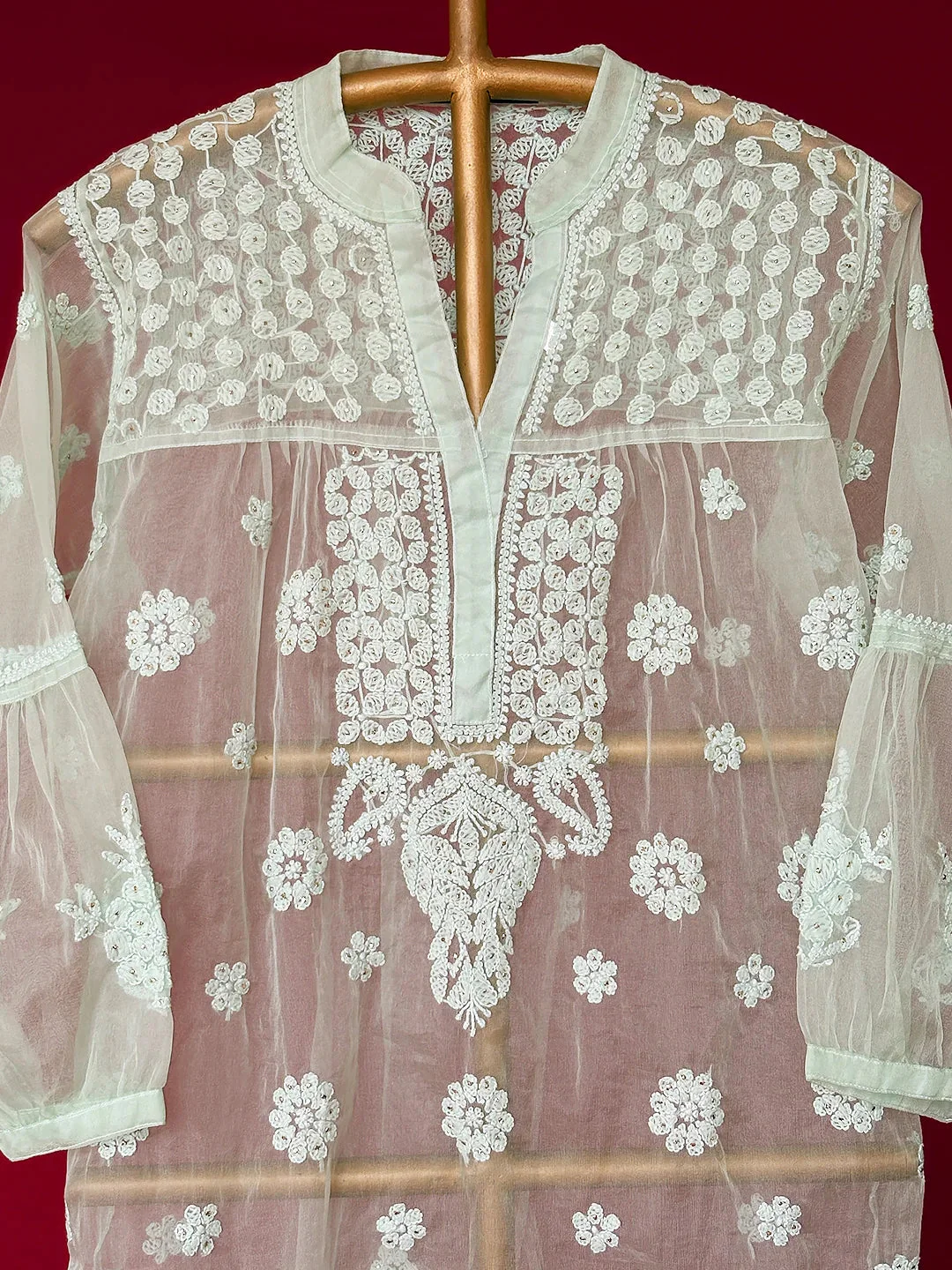 Aashna Organza Chikankari Short Kurta - Light Green - Image 2