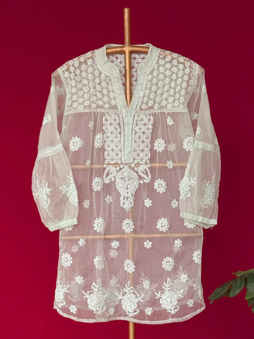 Aashna Organza Chikankari Short Kurta - Light Green - Image 3