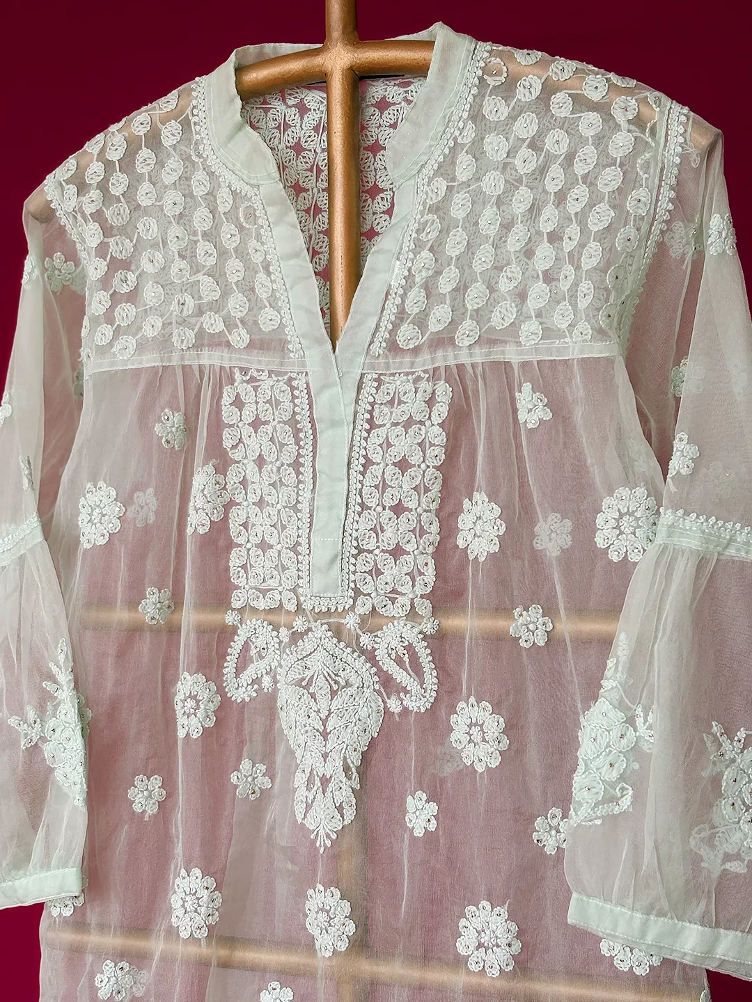 Aashna Organza Chikankari Short Kurta - Light Green - Image 4