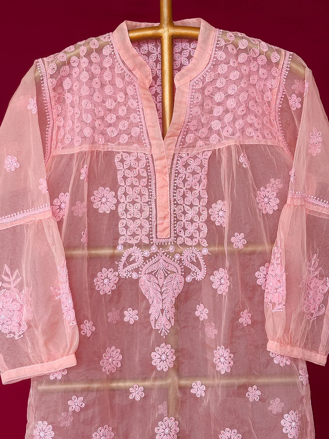 Aashna Organza Chikankari Short Kurta - Peach - Image 2