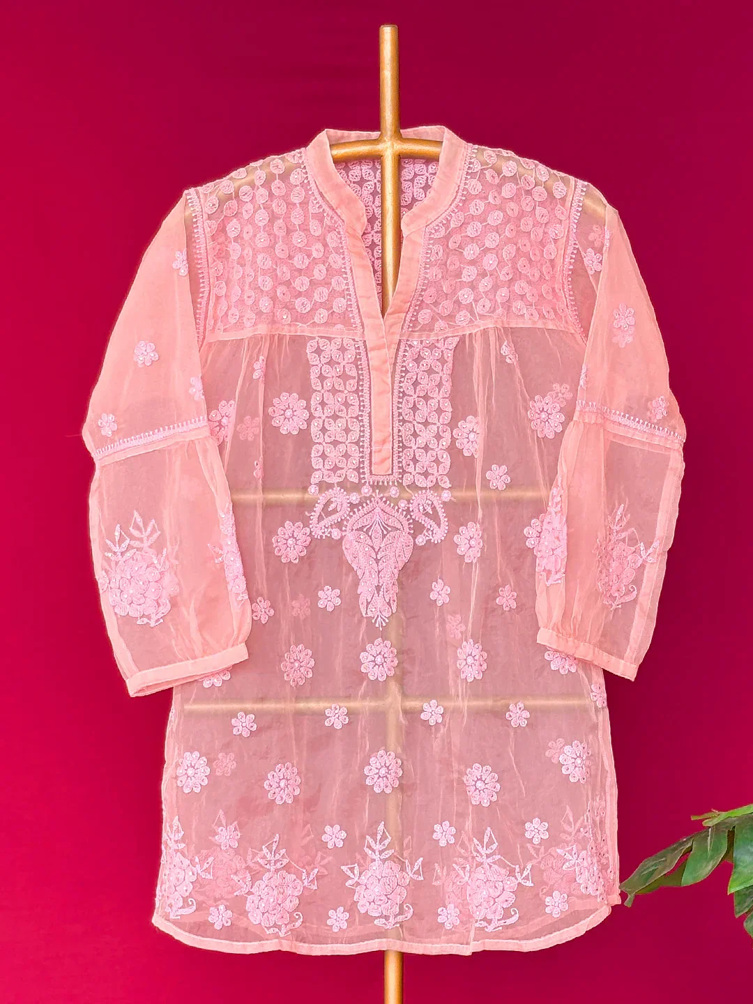 Aashna Organza Chikankari Short Kurta - Peach - Image 3