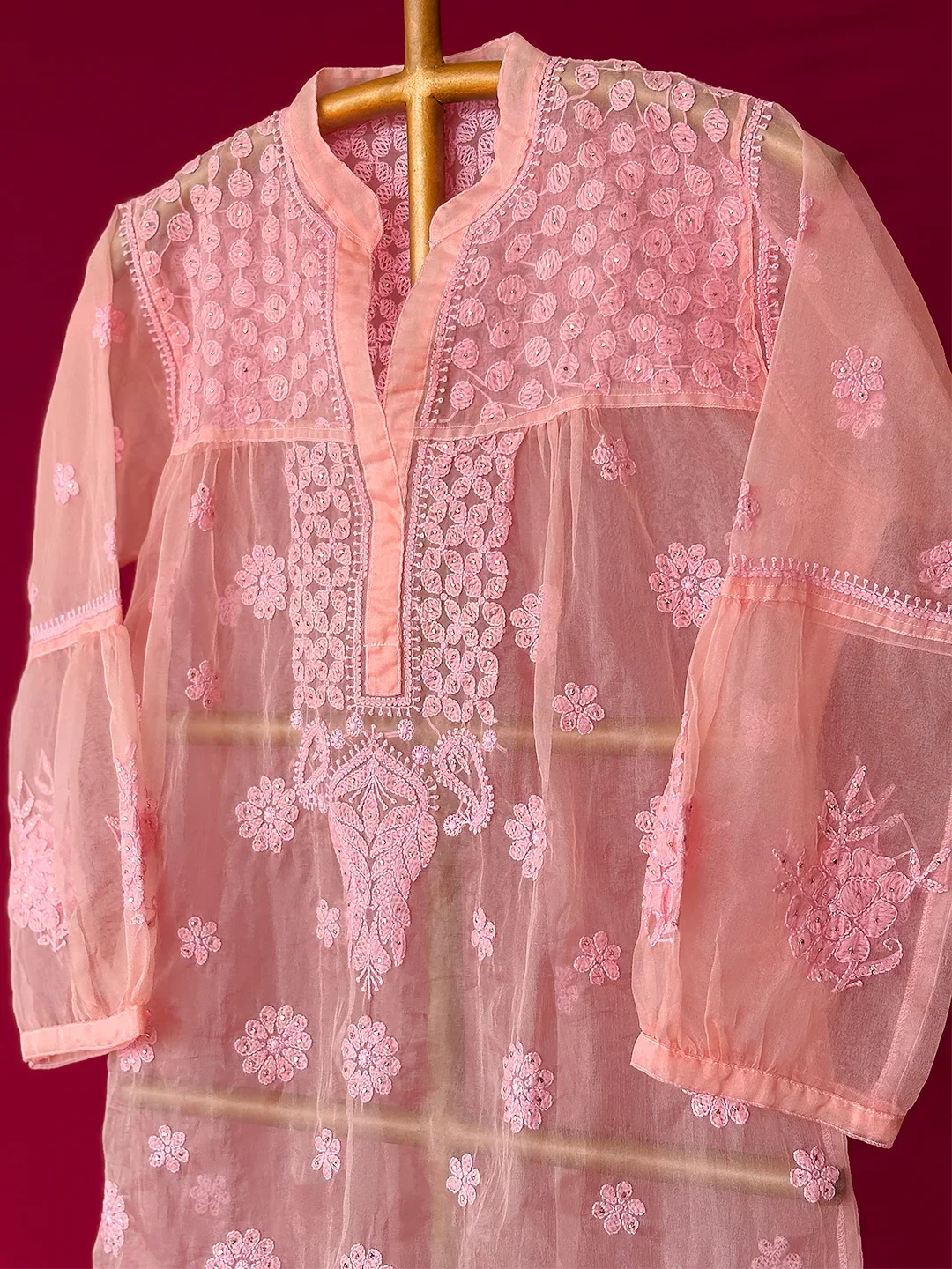 Aashna Organza Chikankari Short Kurta - Peach - Image 4