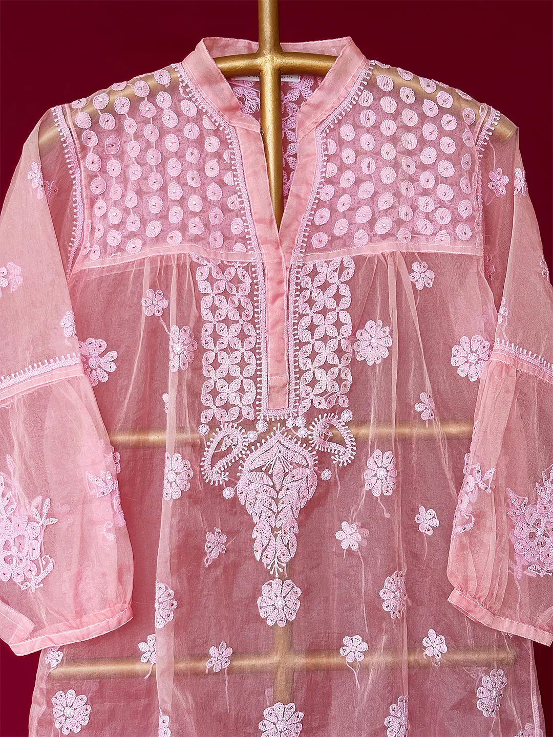 Aashna Organza Chikankari Short Kurta - Pink - Image 2
