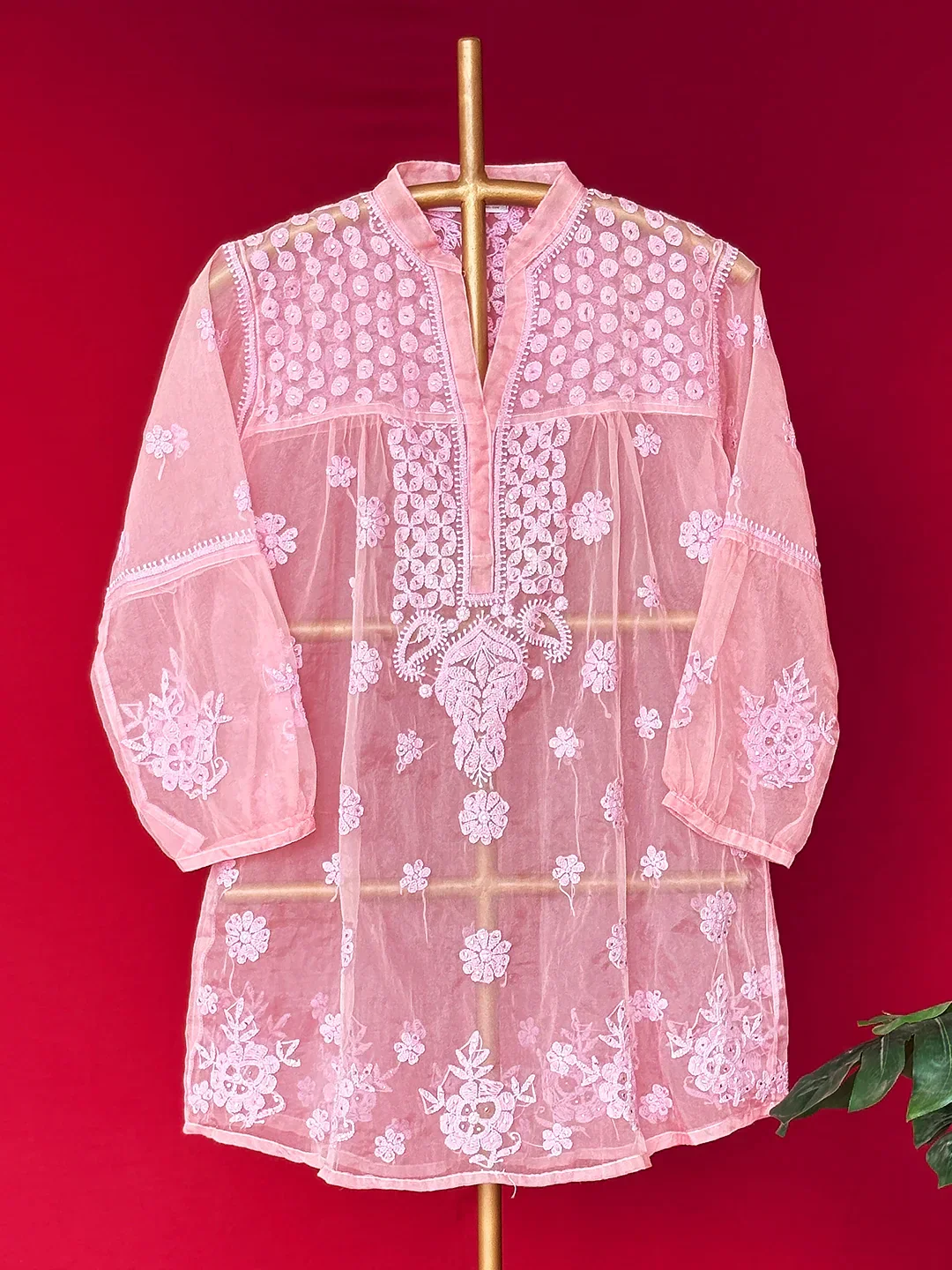 Aashna Organza Chikankari Short Kurta - Pink - Image 3
