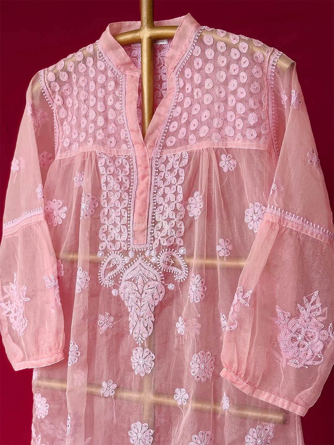 Aashna Organza Chikankari Short Kurta - Pink - Image 4