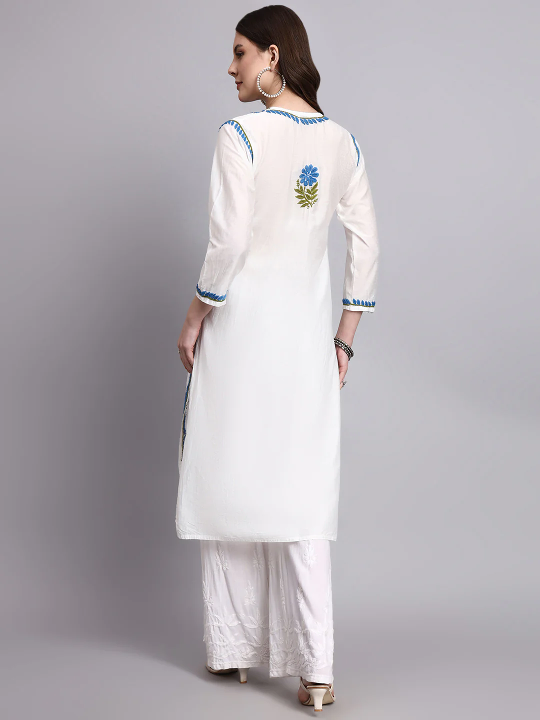 Aashvi Chanderi Chikankari Straight Kurti - Blue - Image 3