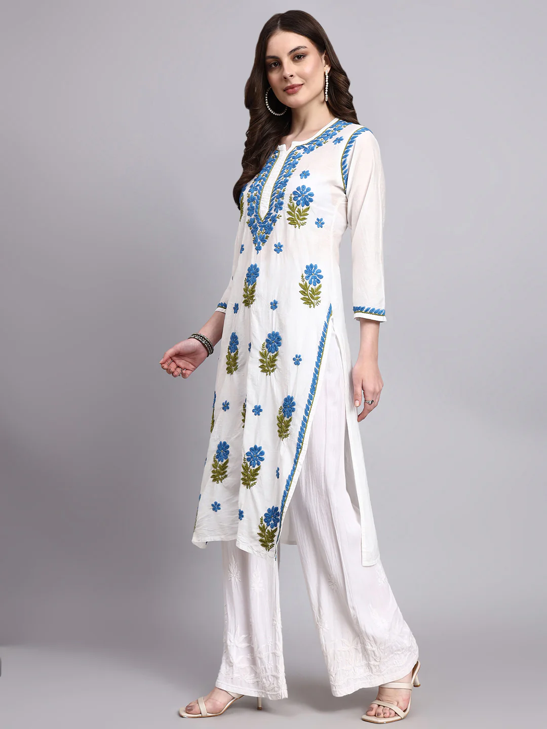 Aashvi Chanderi Chikankari Straight Kurti - Blue - Image 4