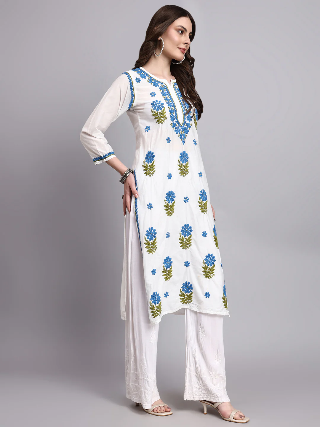 Aashvi Chanderi Chikankari Straight Kurti - Blue - Image 5