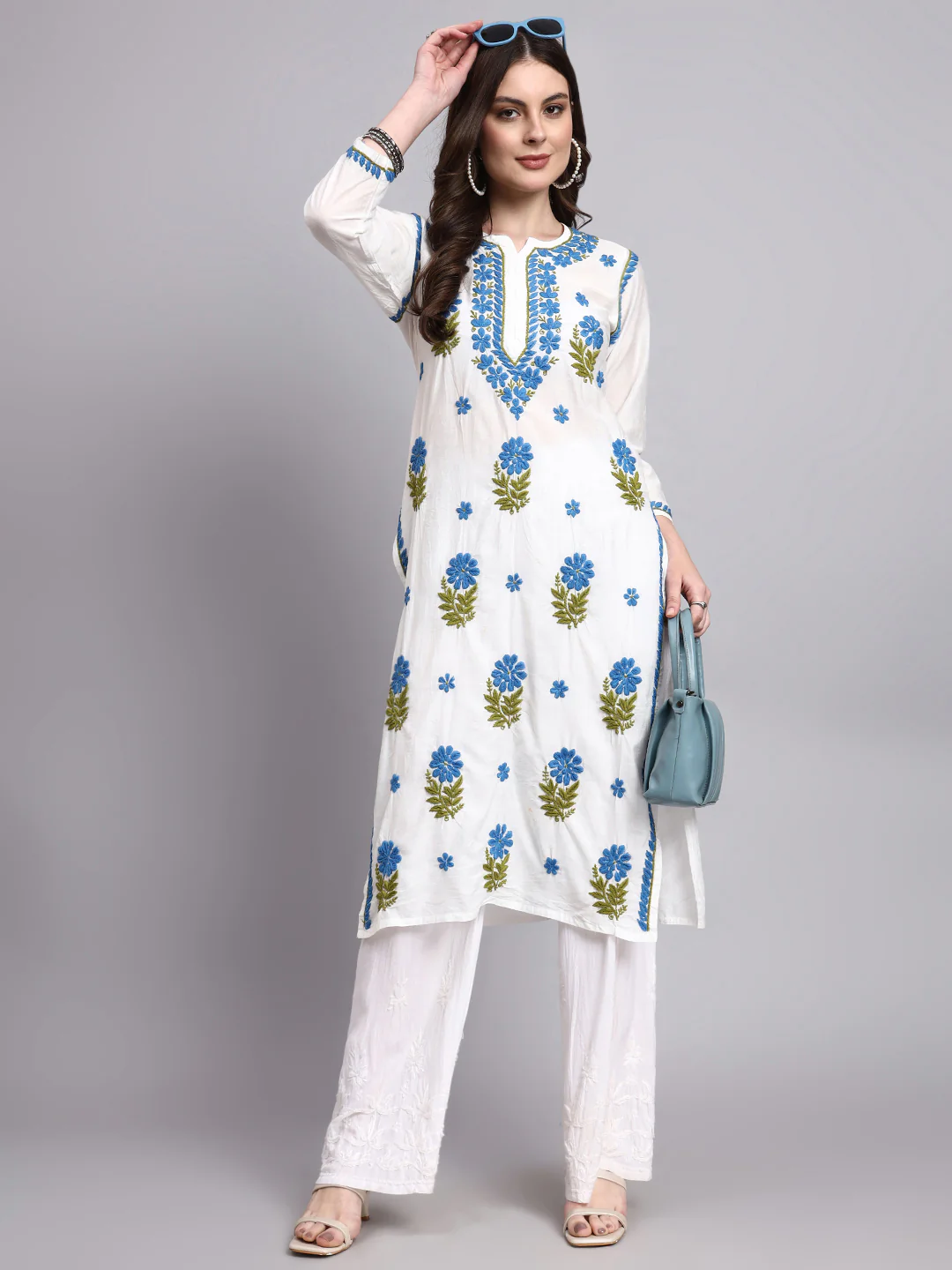Aashvi Chanderi Chikankari Straight Kurti - Blue - Image 6