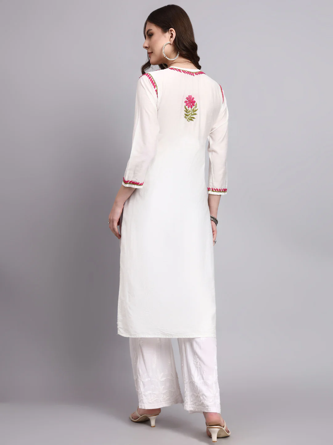 Aashvi Chanderi Chikankari Straight Kurti - Pink - Image 3