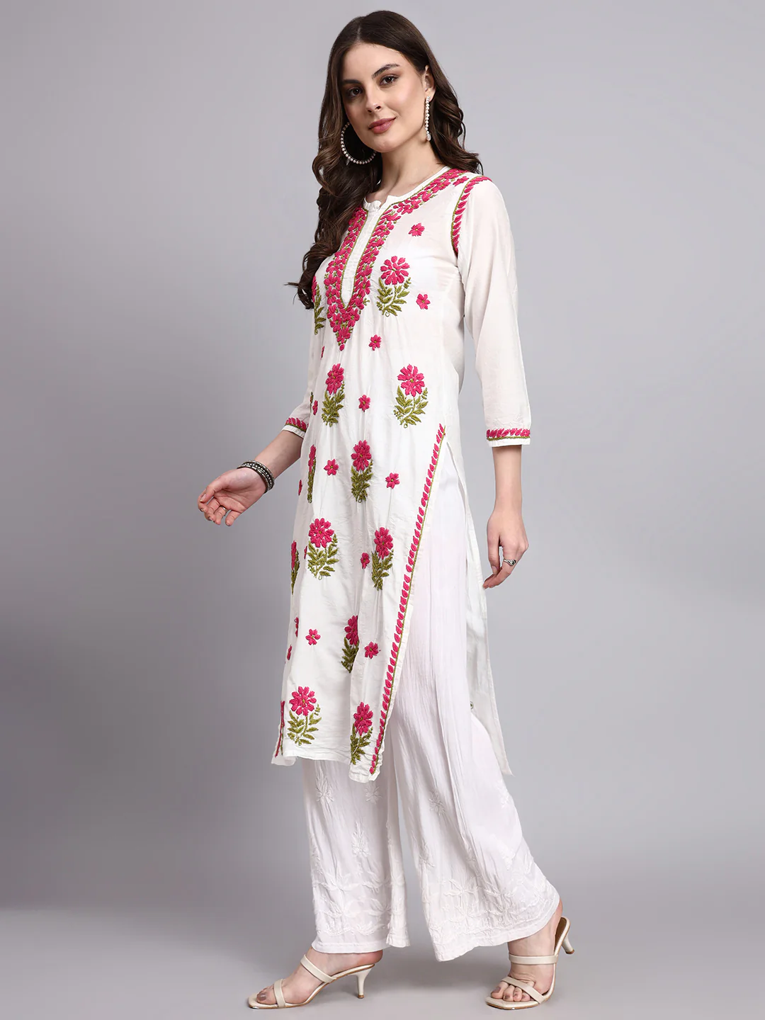 Aashvi Chanderi Chikankari Straight Kurti - Pink - Image 4