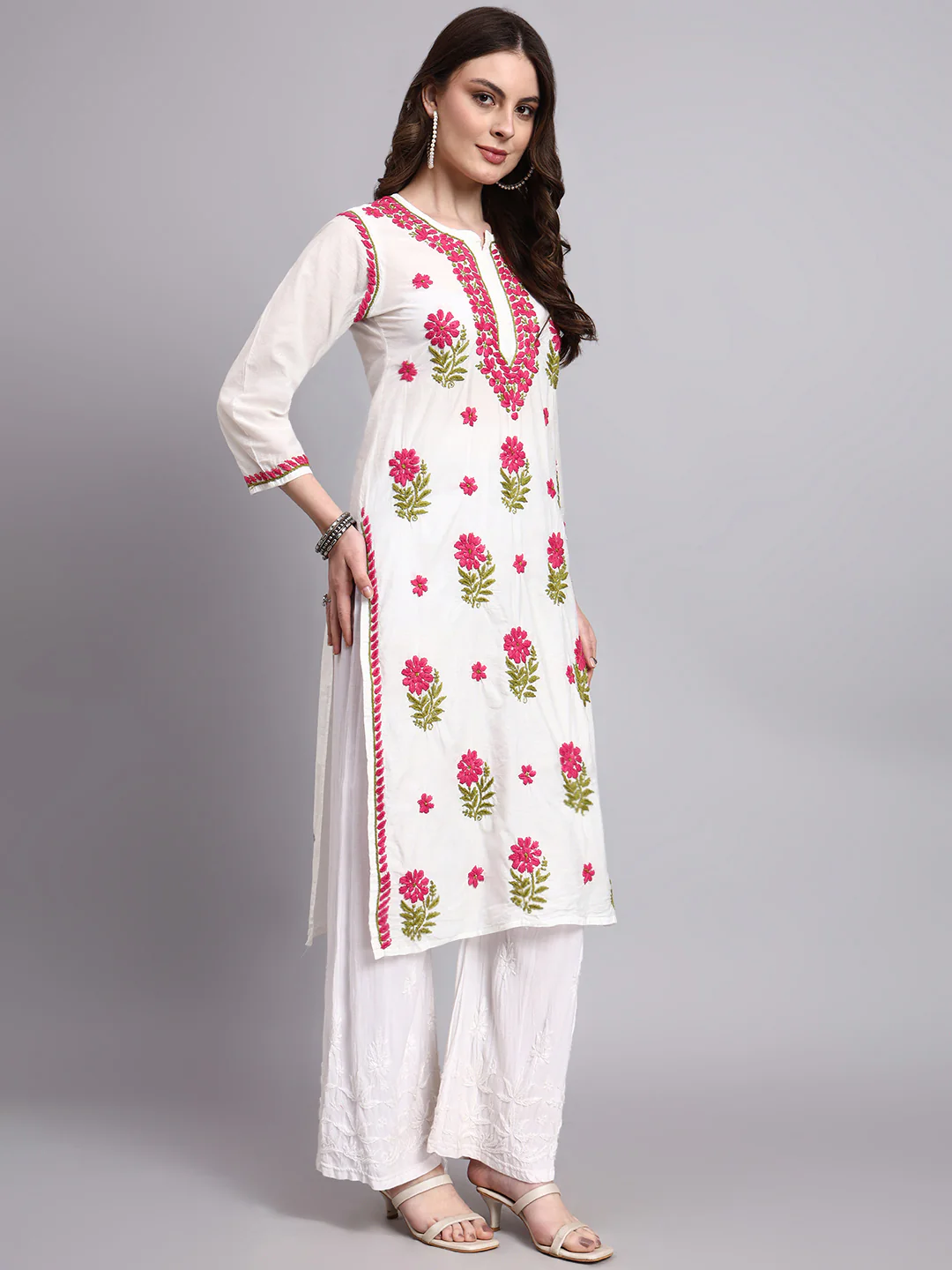 Aashvi Chanderi Chikankari Straight Kurti - Pink - Image 5