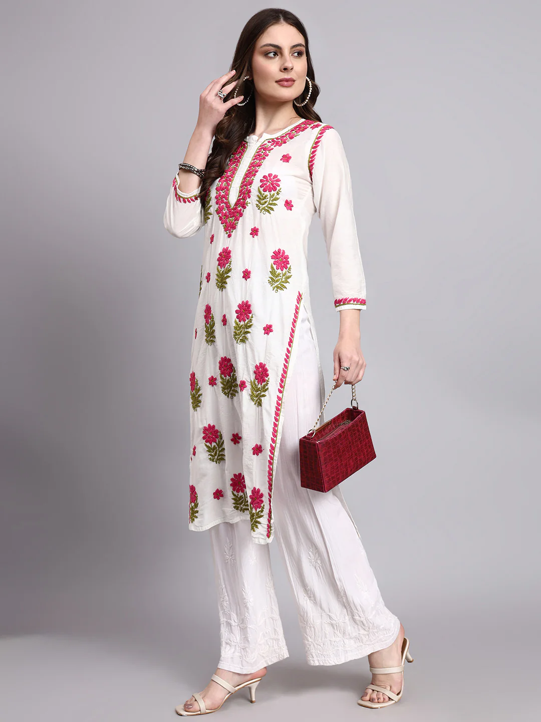 Aashvi Chanderi Chikankari Straight Kurti - Pink - Image 6