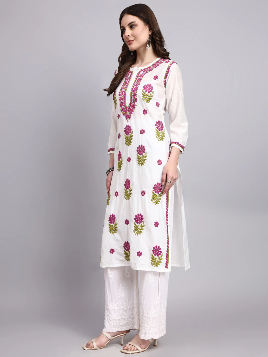 Aashvi Chanderi Chikankari Straight Kurti - Purple - Image 4