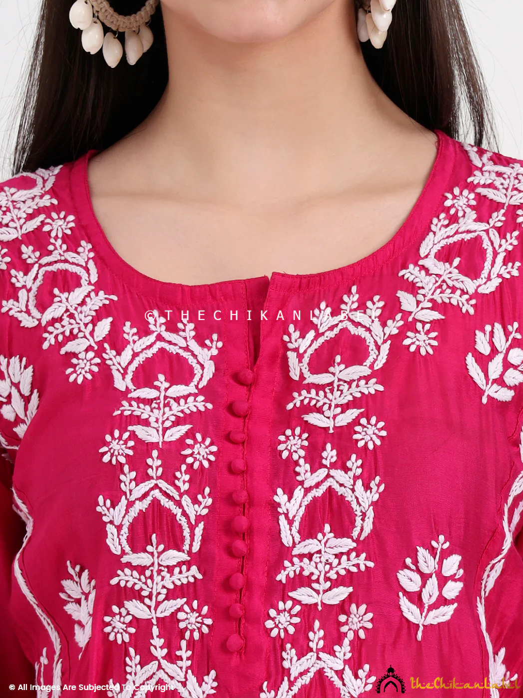 Aasia Chanderi Chikankari Kurti Palazzo Set - Hot Pink - Image 2
