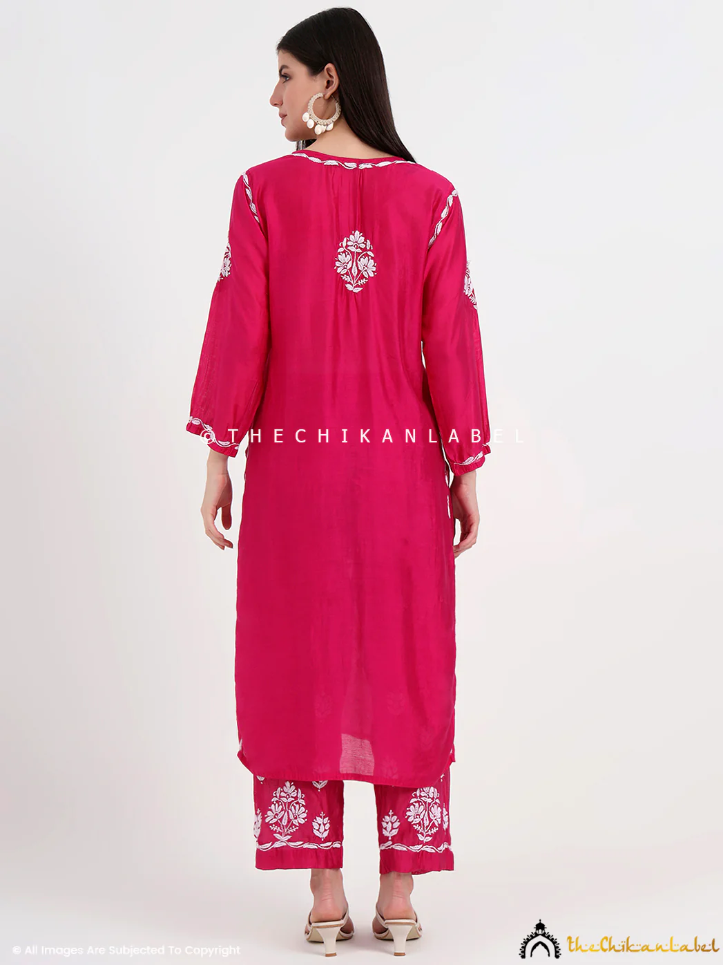 Aasia Chanderi Chikankari Kurti Palazzo Set - Hot Pink - Image 3