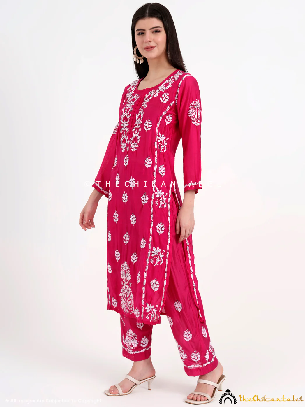 Aasia Chanderi Chikankari Kurti Palazzo Set - Hot Pink - Image 4