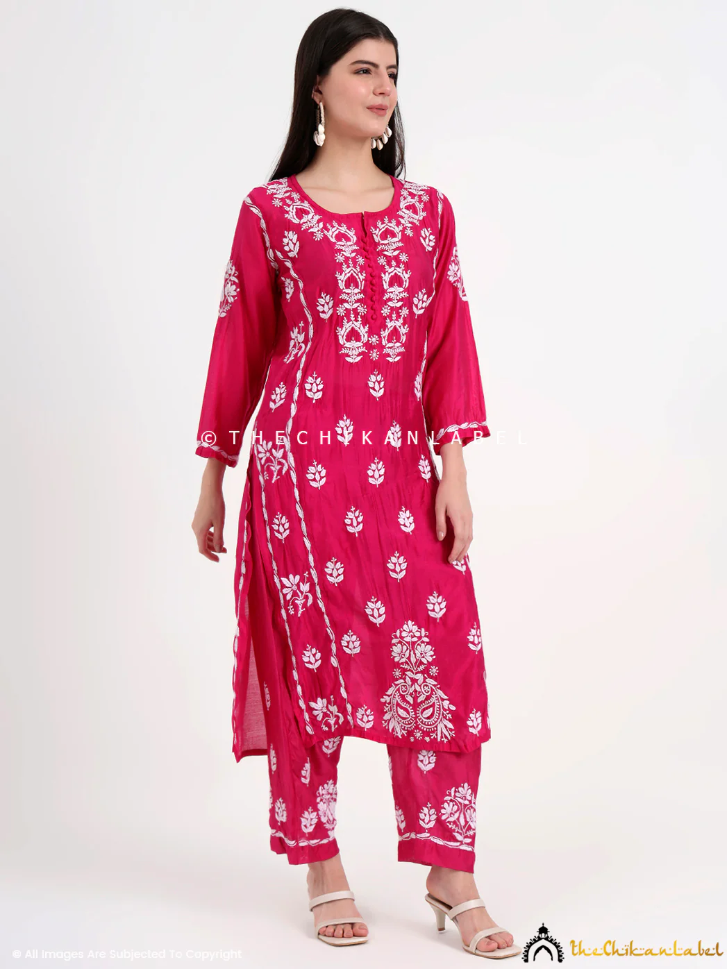 Aasia Chanderi Chikankari Kurti Palazzo Set - Hot Pink - Image 5