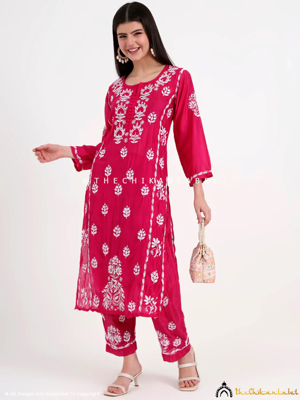 Aasia Chanderi Chikankari Kurti Palazzo Set - Hot Pink - Image 6