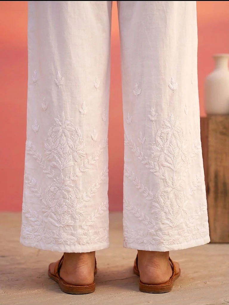 Aavya Rayon Chikankari Straight Palazzo - White - Image 3