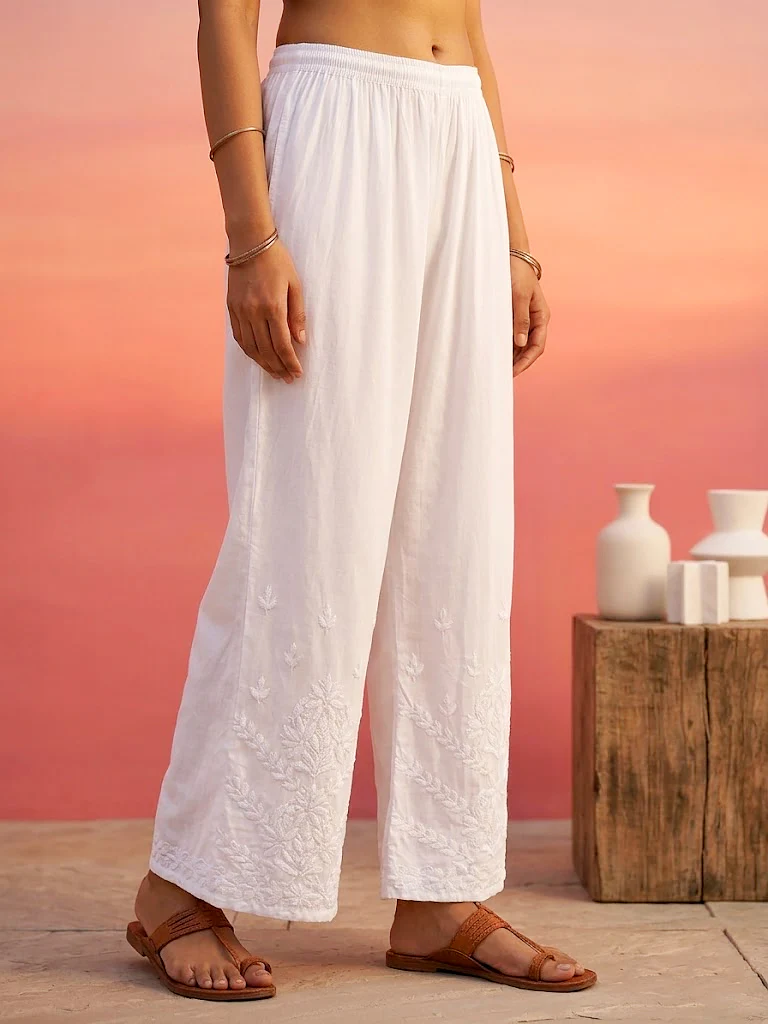 Aavya Rayon Chikankari Straight Palazzo - White - Image 4