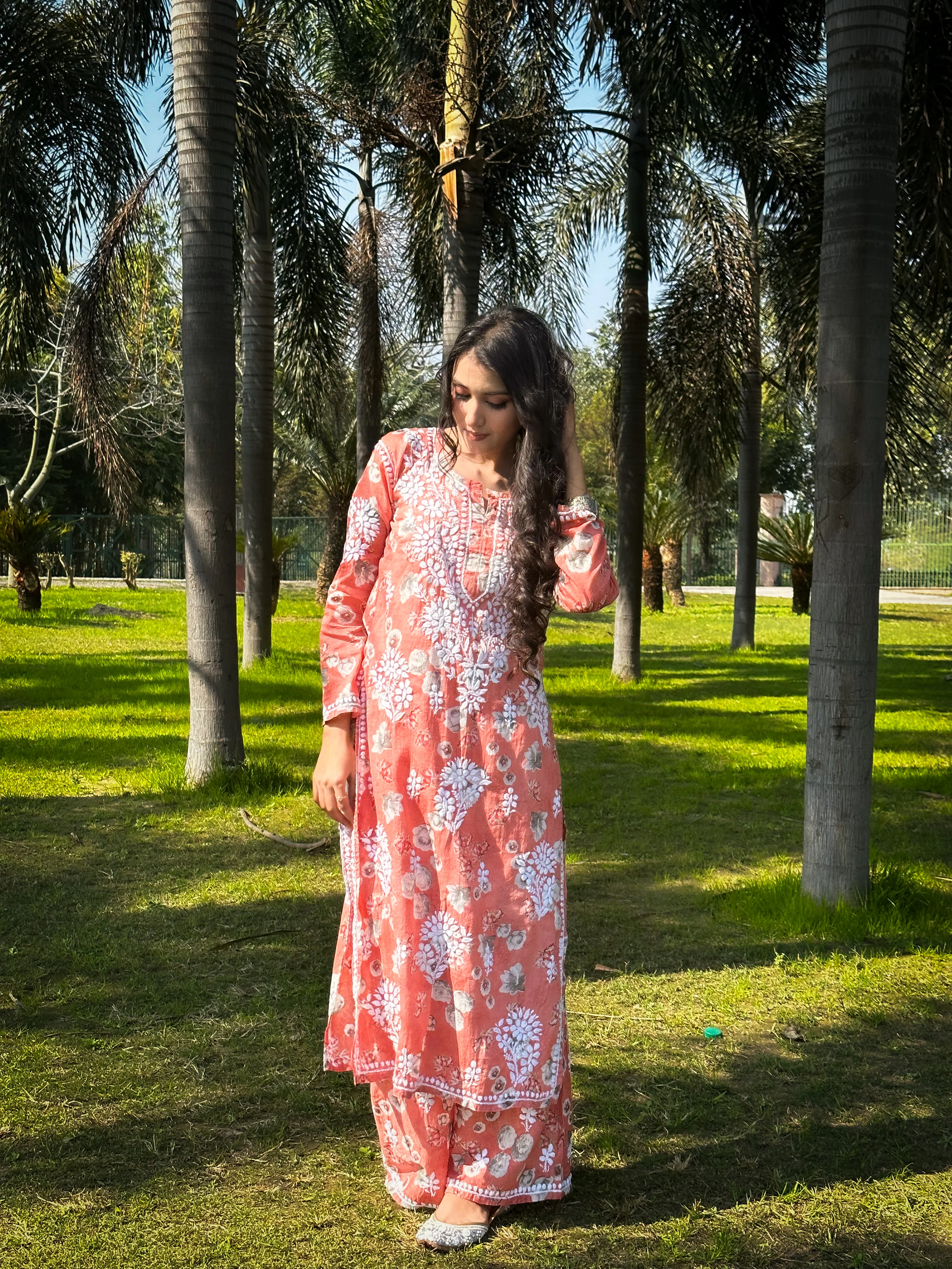 Afiya Mulmul Cotton Chikankari Kurta Set -Coral - Image 2