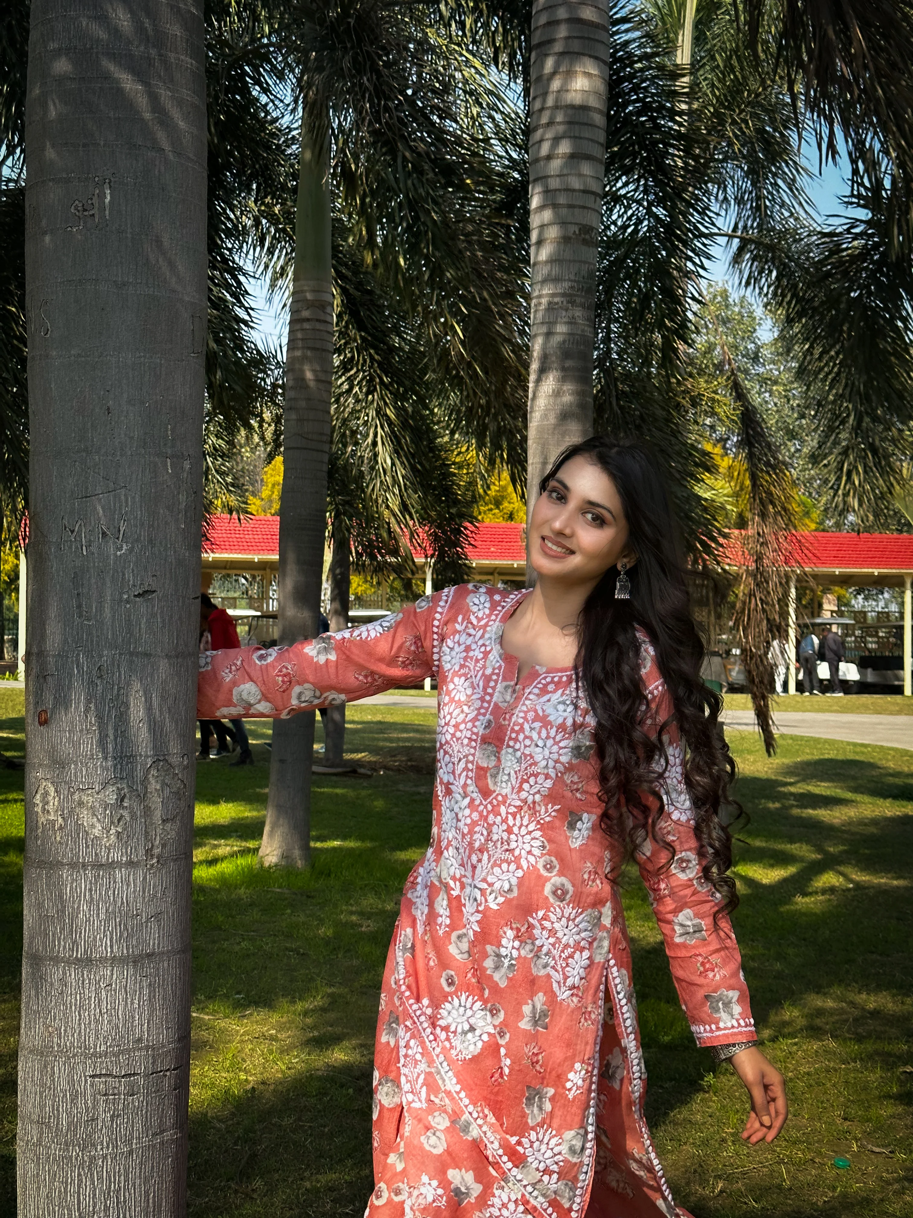 Afiya Mulmul Cotton Chikankari Kurta Set -Coral - Image 3