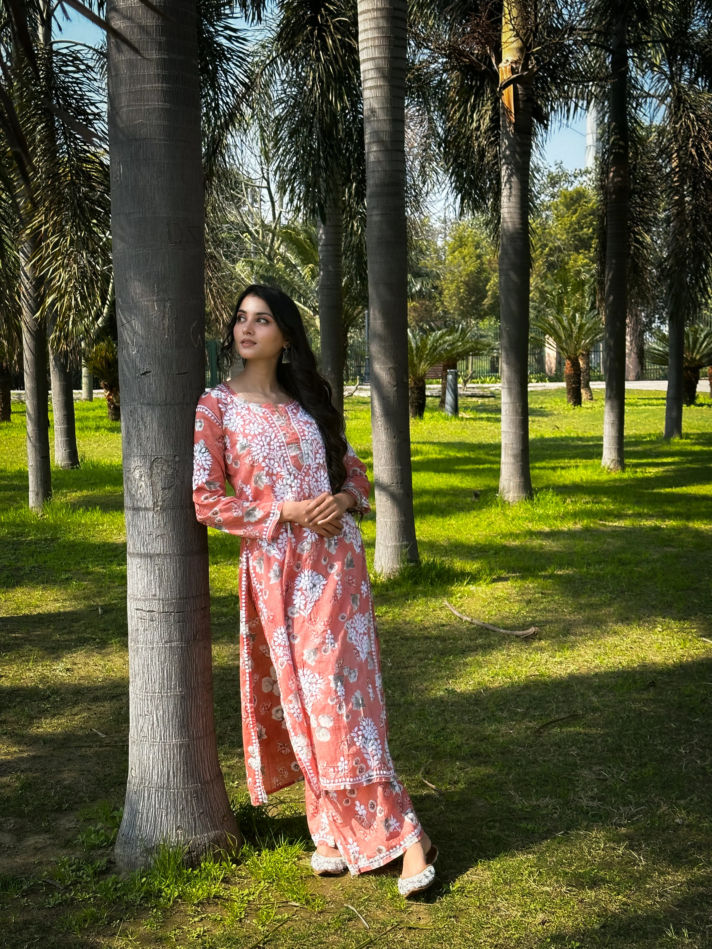 Afiya Mulmul Cotton Chikankari Kurta Set -Coral - Image 4